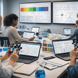 Chemistry Level 2 students studying atoms, chemical reactions, and laboratory concepts using models and diagrams