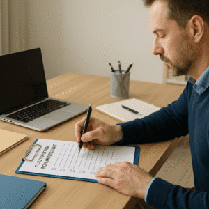 Professional child protection risk assessment meeting with documents, safeguarding checklist, and support materials.