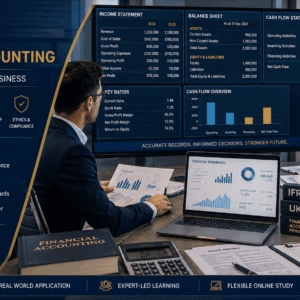 Financial analyst reviewing reports in a CIMA Financial Accounting training environment with charts and statements