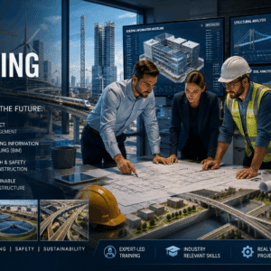 Civil engineering professionals reviewing construction plans in a Civil Engineering Diploma training environment