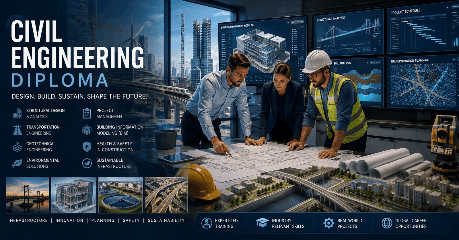 Civil engineering professionals reviewing construction plans in a Civil Engineering Diploma training environment