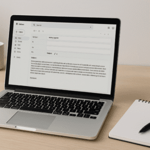 Professional workspace with laptop and notes illustrating clear concise email writing skills.