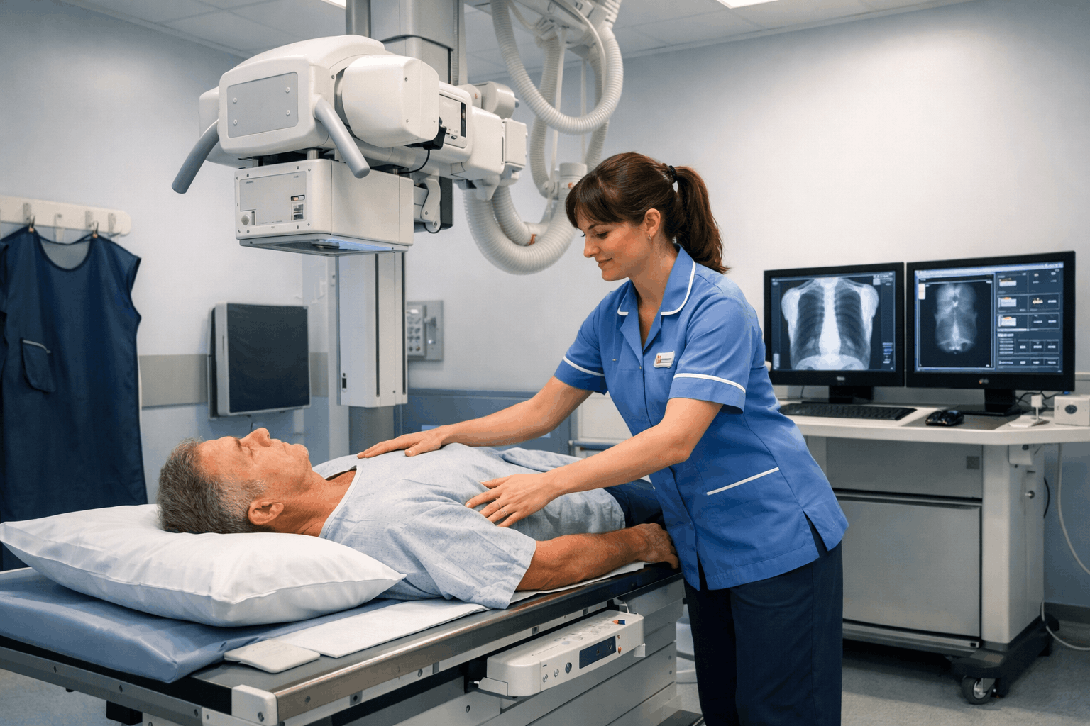 Radiographer performing clinical radiography training in a modern hospital X-ray imaging room