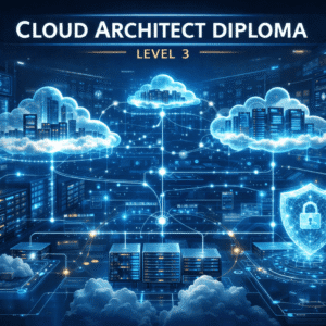 Cloud architect diploma Level 3 showing cloud networks, servers and secure digital infrastructure in a modern learning environment