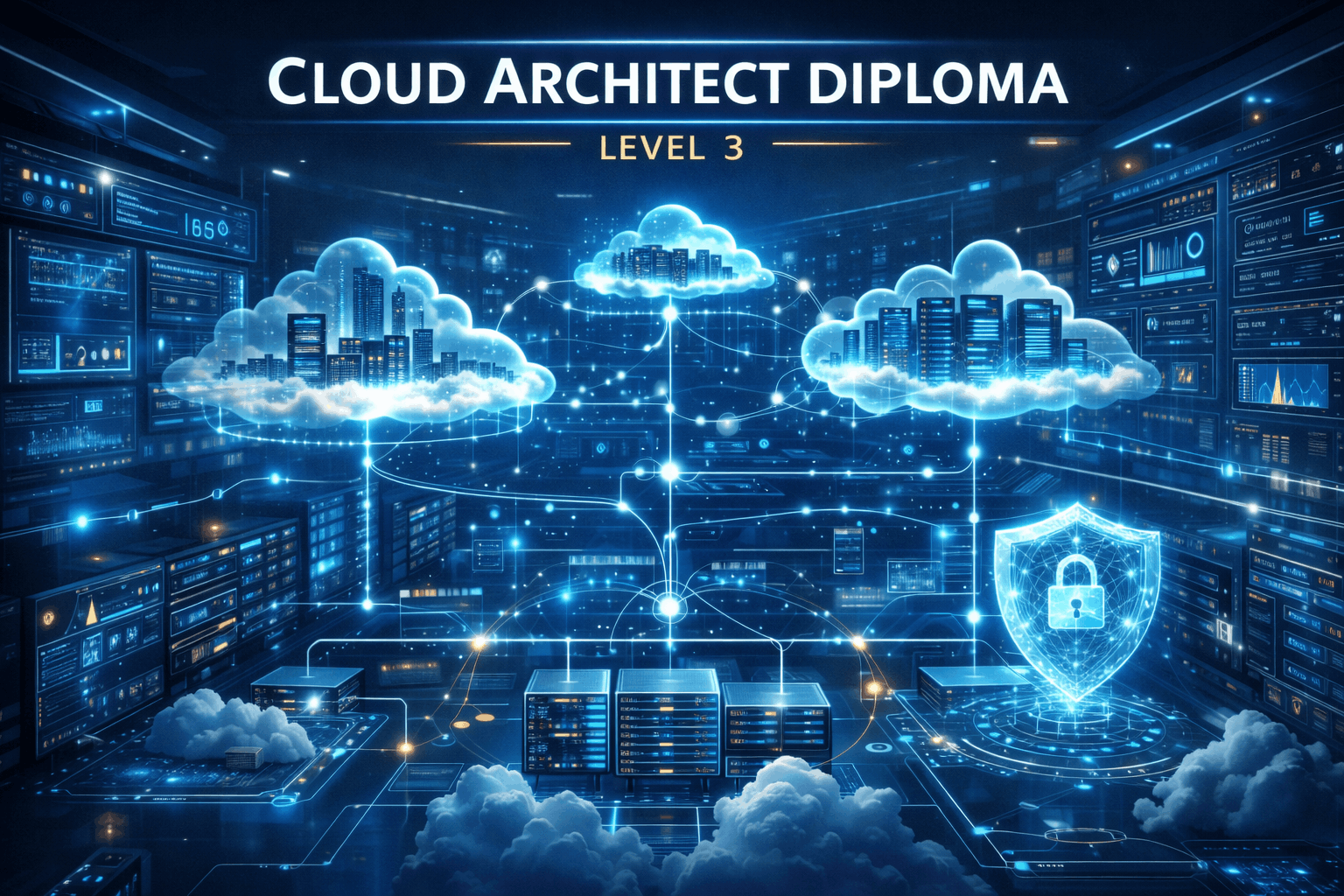 Cloud architect diploma Level 3 showing cloud networks, servers and secure digital infrastructure in a modern learning environment