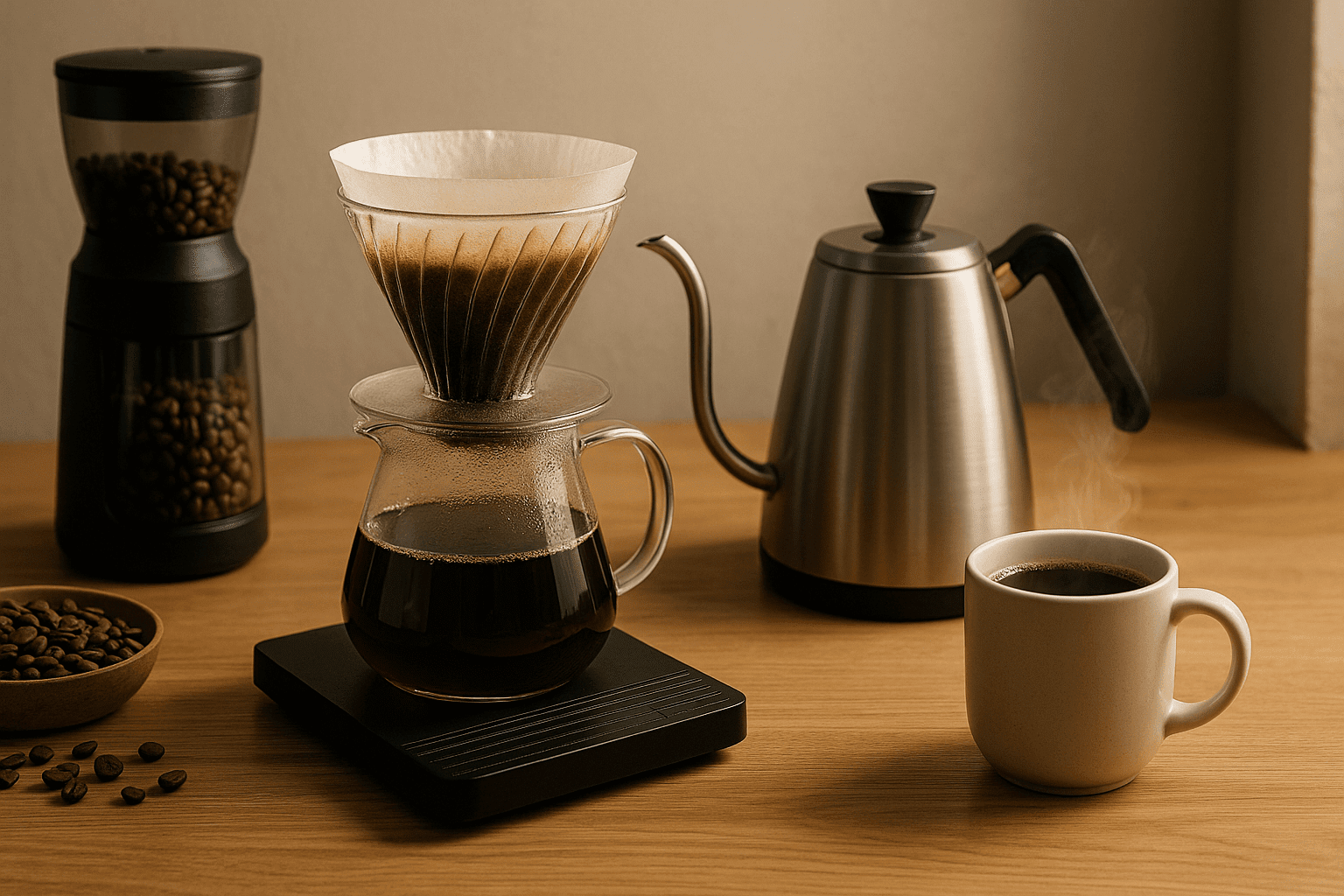 Modern coffee brewing setup with pour-over tools, grinder, fresh beans, and hot kettle showcasing coffee brewing techniques.