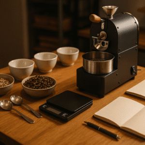 Coffee roasting techniques workspace with beans, roaster, scales, and tools arranged for professional training.
