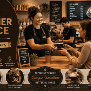 Barista delivering excellent Coffee Shop Customer Service to smiling customers in a modern café