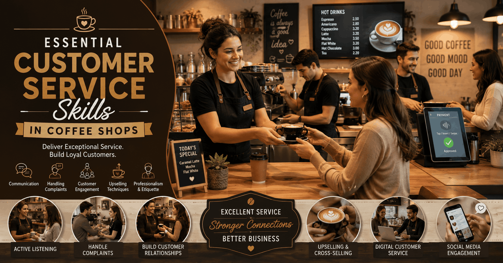 Barista delivering excellent Coffee Shop Customer Service to smiling customers in a modern café