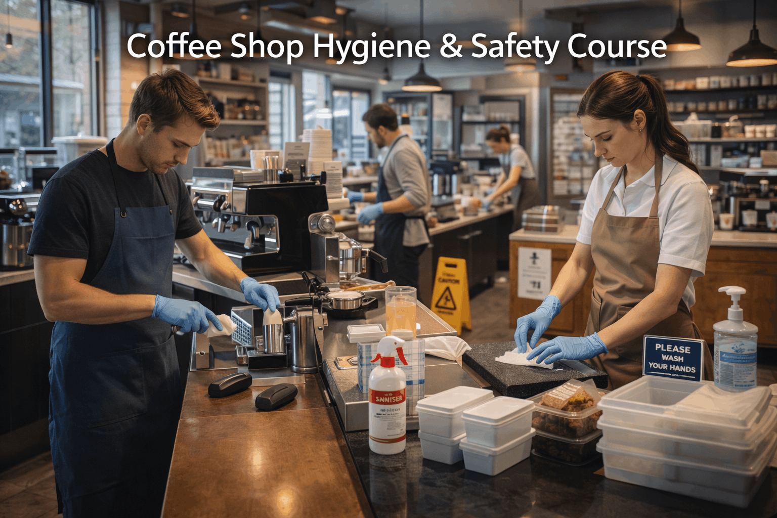 Coffee shop hygiene training showing staff cleaning coffee machines and following food safety procedures in a café