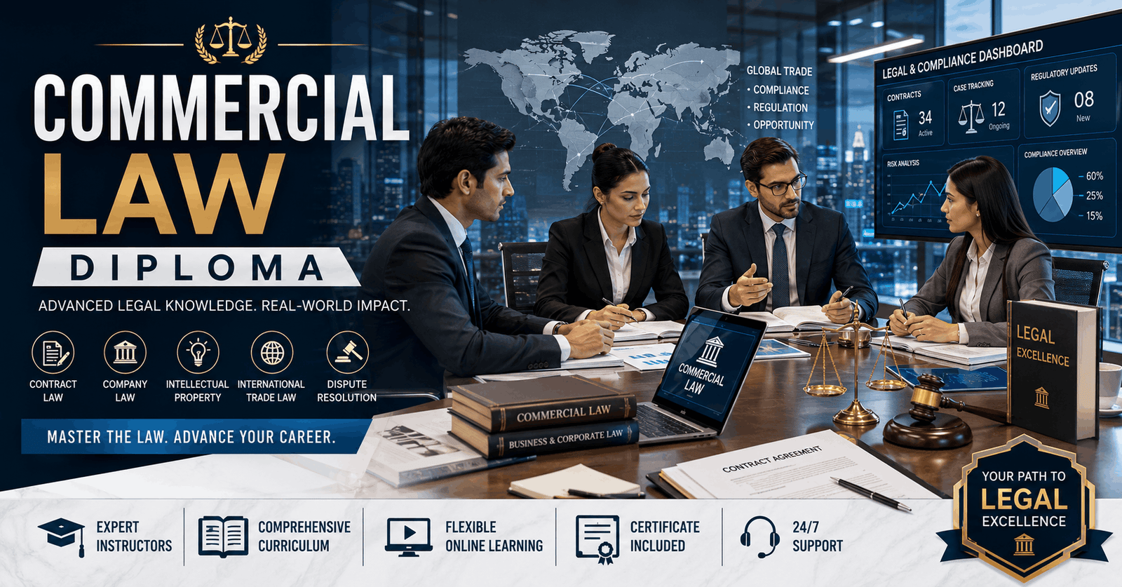 Legal professionals discussing contracts in a Commercial Law Diploma training environment