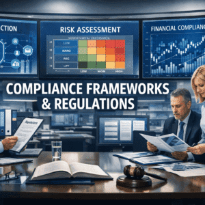 Professional compliance frameworks training with UK regulations, governance models and risk management visuals