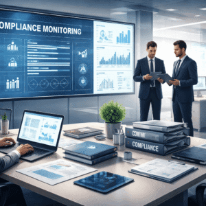 Professional compliance team performing compliance monitoring and investigation procedures in a corporate regulatory environment