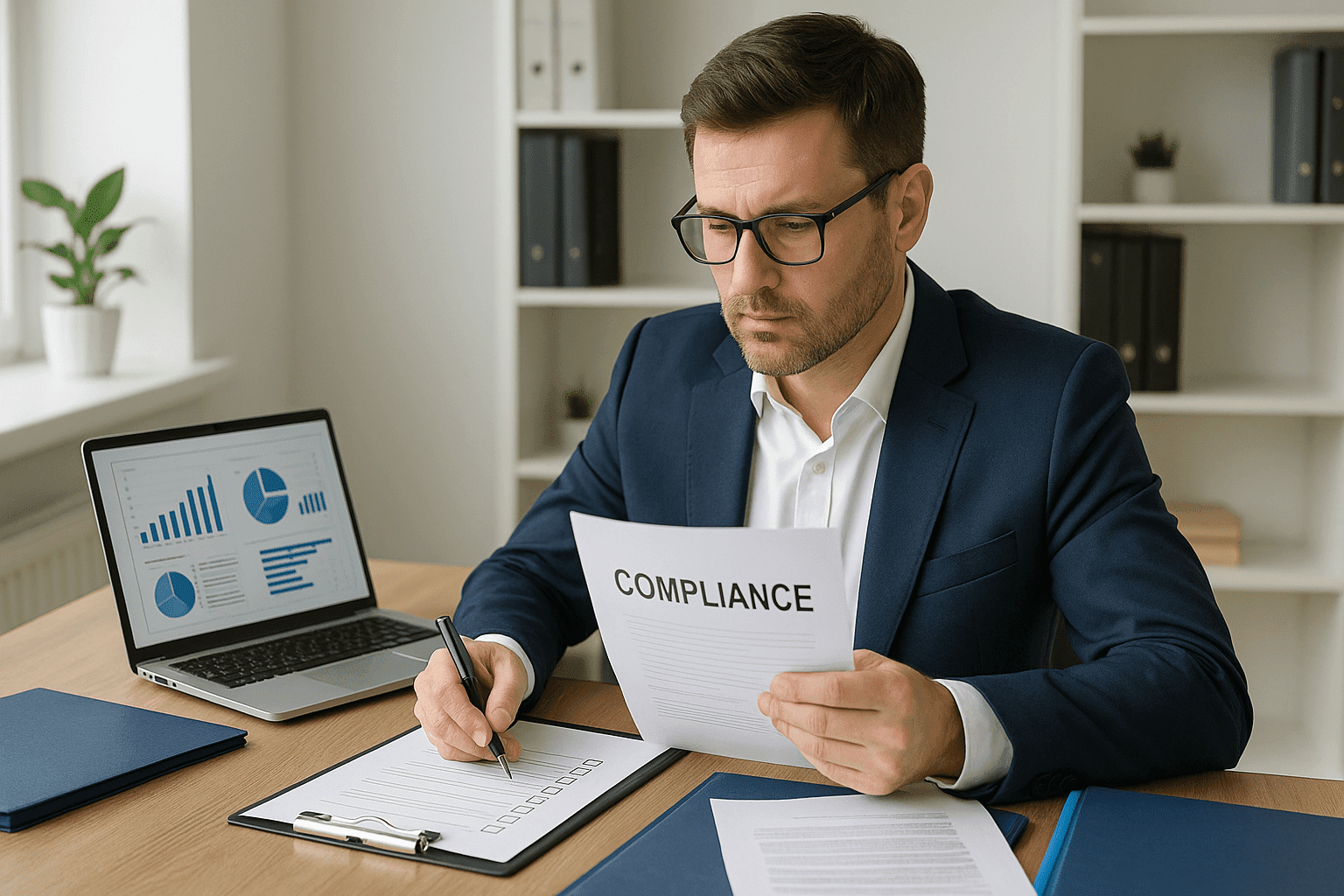 Compliance officer diploma banner showing a professional reviewing compliance documents in a modern UK office.