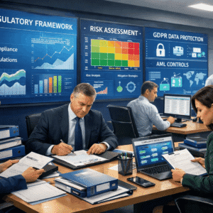 Professional UK compliance team planning compliance program development with digital risk and regulatory dashboards