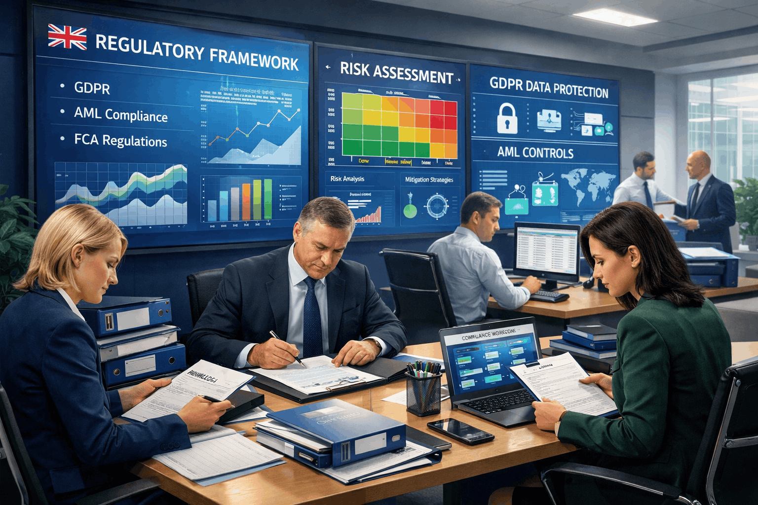 Professional UK compliance team planning compliance program development with digital risk and regulatory dashboards