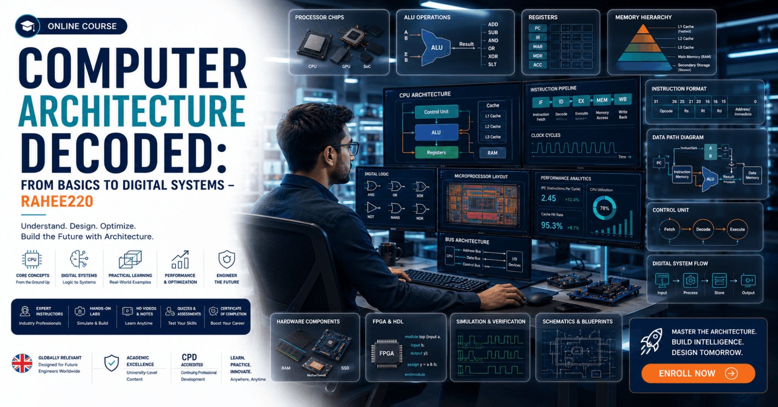 Professional Computer Architecture course featuring CPU design, digital circuits, memory systems, and processor architecture.