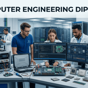 Students and engineers working on advanced hardware systems in a Computer Engineering Diploma programme