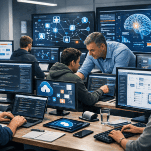 Computer science diploma showing programming, web development, databases, AI, and cybersecurity in a modern learning environment