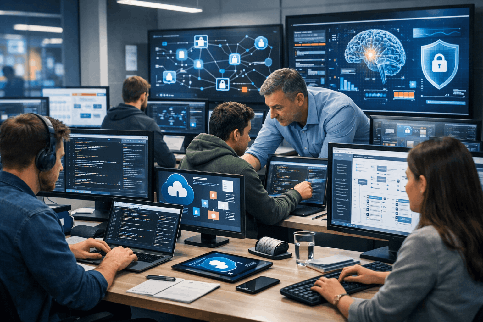 Computer science diploma showing programming, web development, databases, AI, and cybersecurity in a modern learning environment