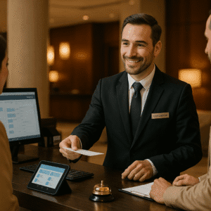 Concierge training scene showing a professional concierge assisting guests in a modern hotel lobby.