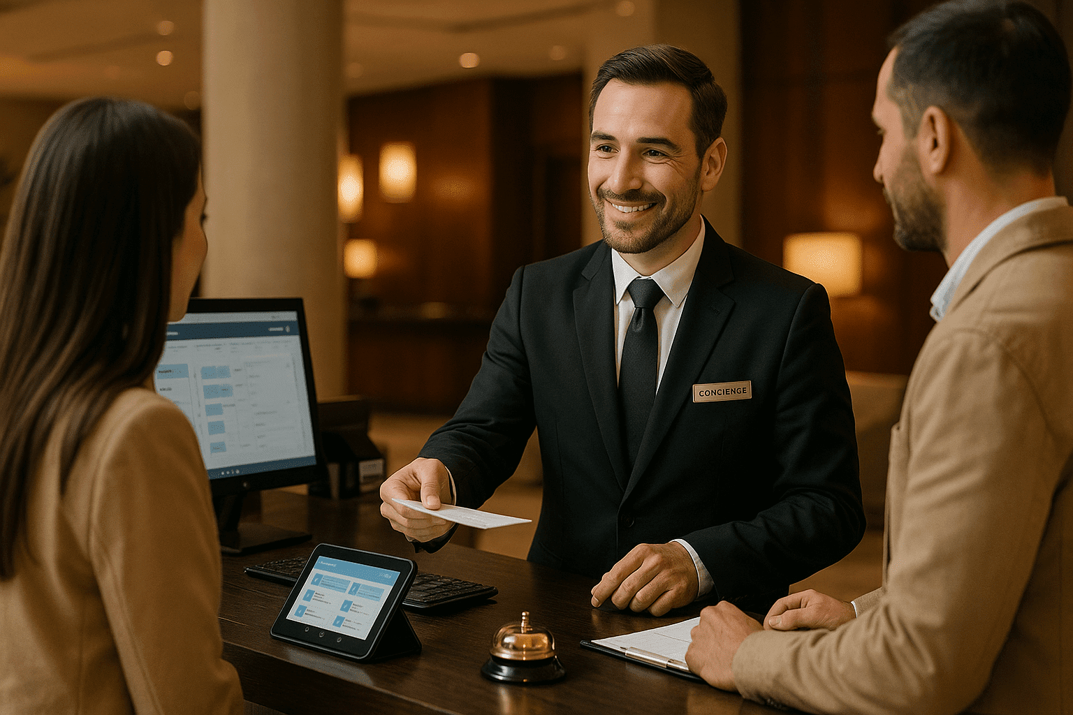 Concierge training scene showing a professional concierge assisting guests in a modern hotel lobby.