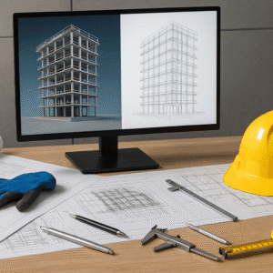 Construction engineering diploma training scene with blueprints, tools, PPE and digital structural models.