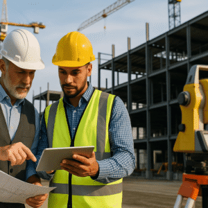 Professional construction site overview showing engineers reviewing plans; suitable for Construction Engineering Level 7 Diploma.