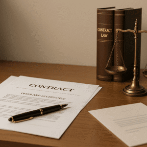 Contract law course banner showing UK legal books, contract papers and scales of justice on a modern desk.