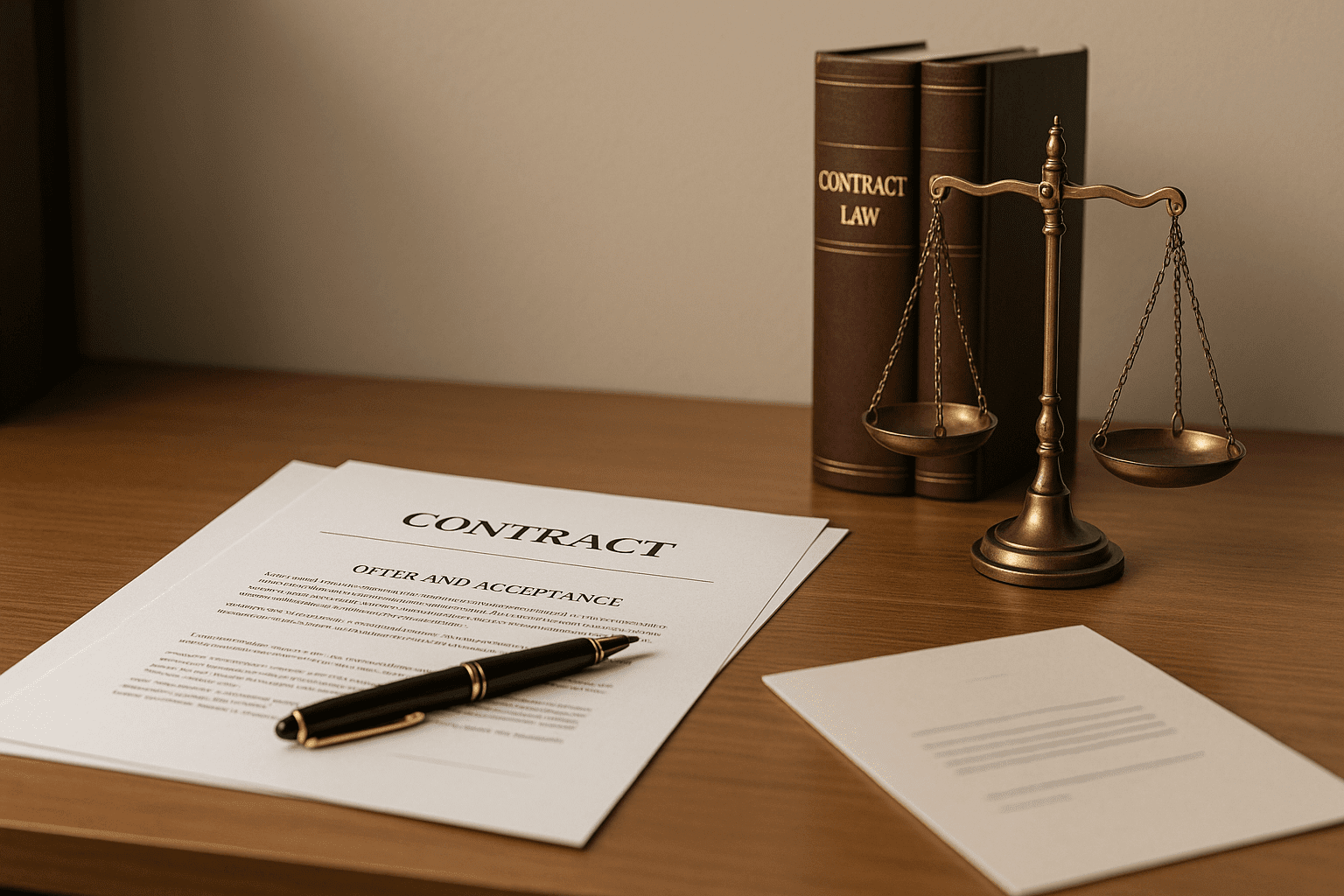 Contract law course banner showing UK legal books, contract papers and scales of justice on a modern desk.