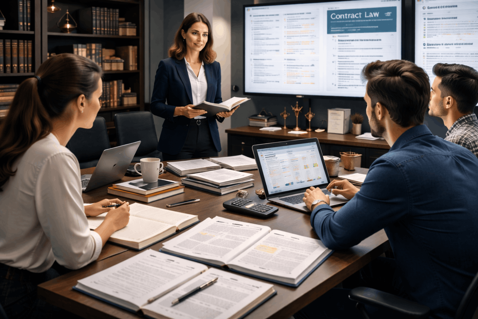 Contract law diploma showing legal documents, contract clauses, case law analysis, and professional legal study