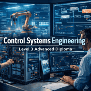 Control systems engineering training showing PLC panels, industrial automation screens and system response graphs