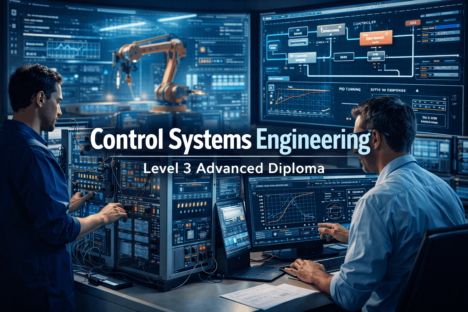 Control systems engineering training showing PLC panels, industrial automation screens and system response graphs
