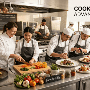 Professional chefs preparing gourmet dishes in a Cookery Diploma Level 3 training environment