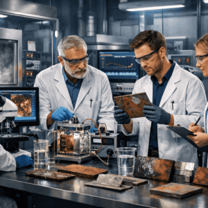 Corrosion engineering diploma students testing metal corrosion in a modern materials laboratory