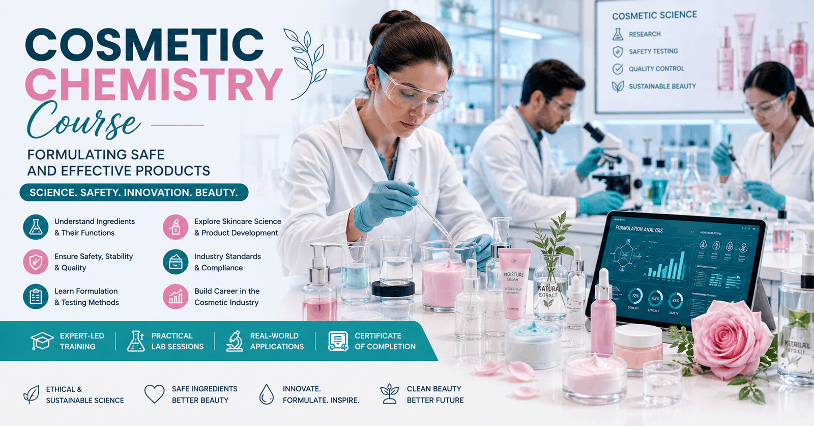 Scientists formulating skincare products during a Cosmetic Chemistry Course laboratory session
