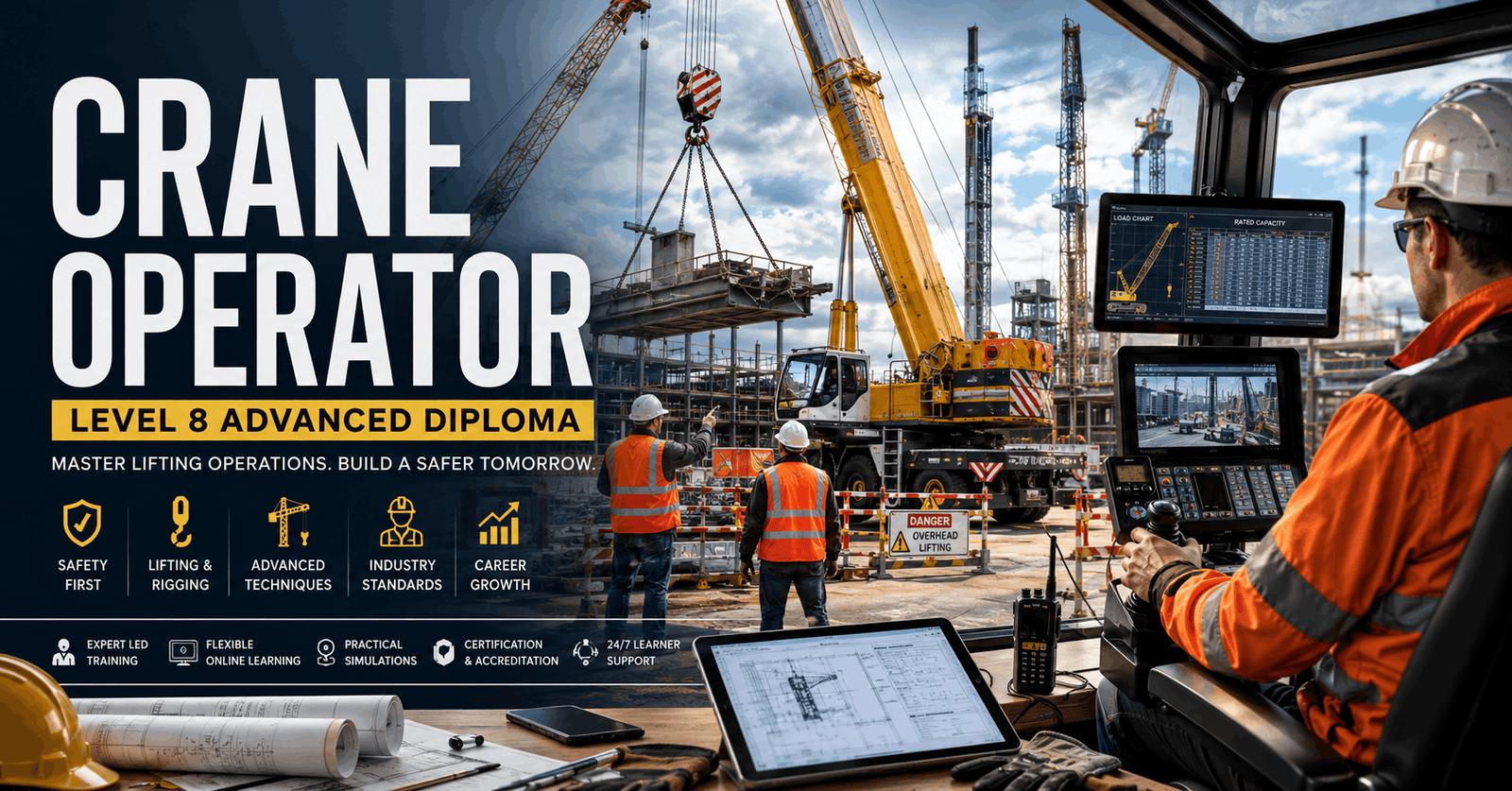 Crane Operator Diploma course showing crane operations and lifting safety on a modern construction site