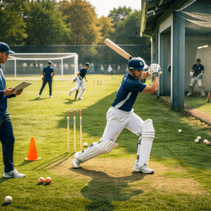 Players practising batting, bowling, and fielding drills during Cricket Fundamentals Level 2 skills and techniques training.
