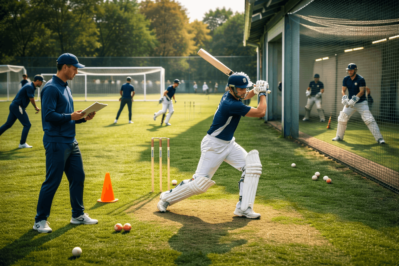Players practising batting, bowling, and fielding drills during Cricket Fundamentals Level 2 skills and techniques training.
