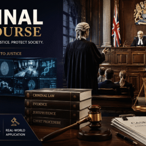 Criminal Law Course showing UK courtroom, legal books, and justice symbols in a modern legal setting