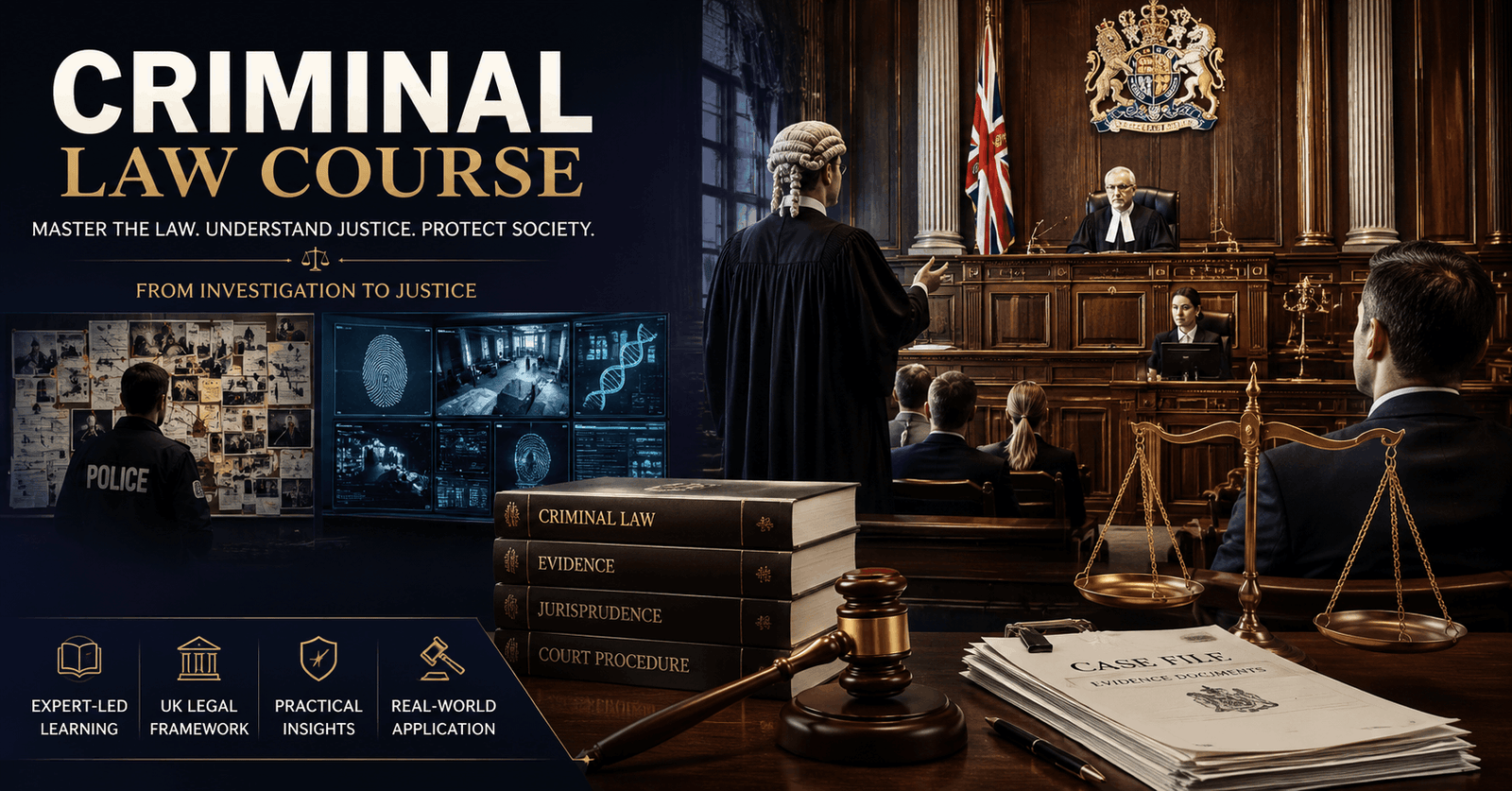 Criminal Law Course showing UK courtroom, legal books, and justice symbols in a modern legal setting