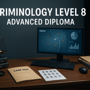 Criminology Advanced Diploma banner showing UK justice symbols, crime analysis tools and a professional criminology workspace.