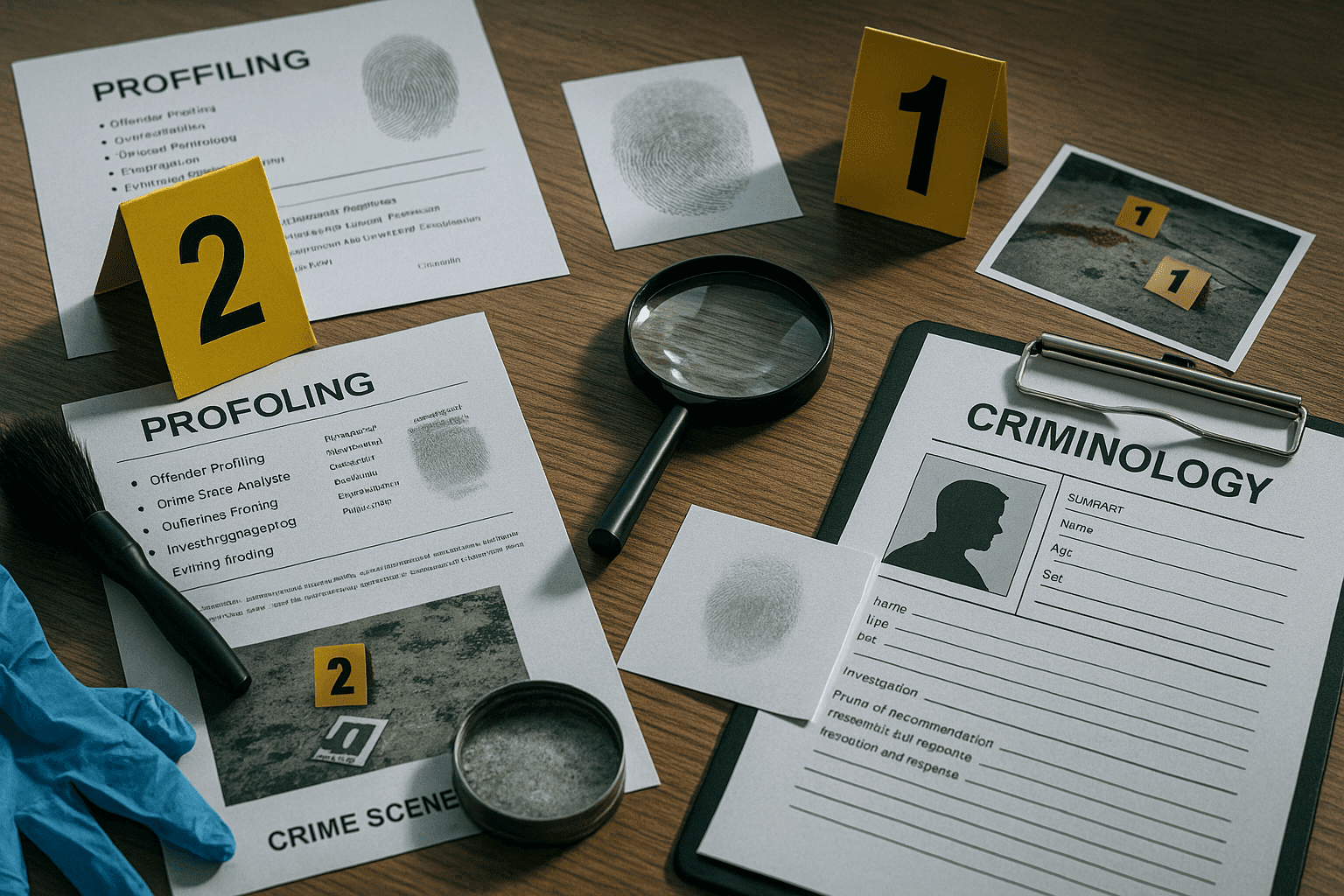 Criminology and profiling course banner showing forensic tools, crime scene markers, and investigative documents on a desk.
