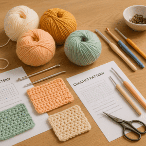Crochet course beginner banner showing yarn, hooks, patterns and a tidy craft table.