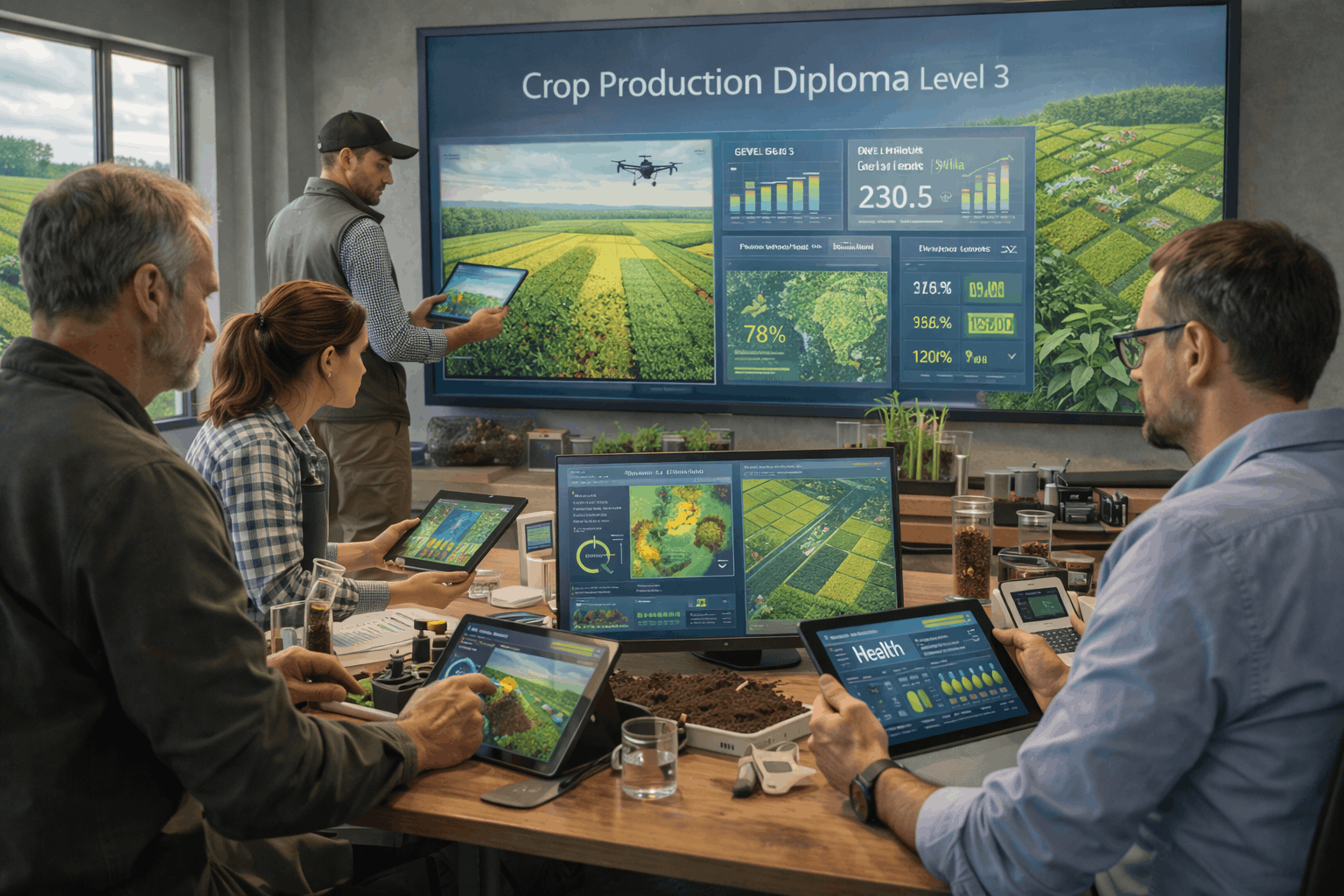 Professional crop production diploma Level 3 training showing smart farming, soil testing and crop management