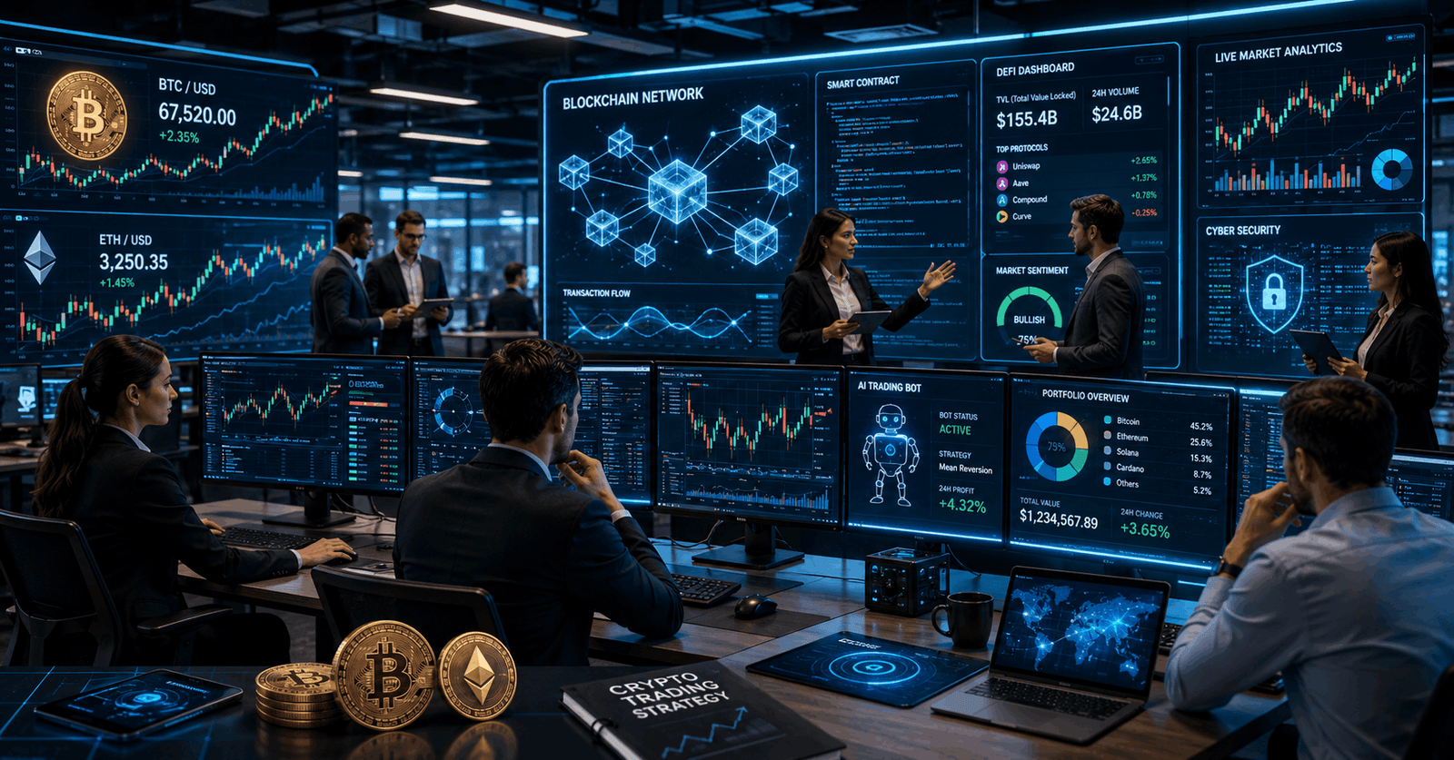 Cryptocurrency Trading Course showing blockchain analytics and digital trading dashboards