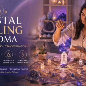 Crystal Healing Diploma student practising energy healing with crystals in a peaceful wellness setting