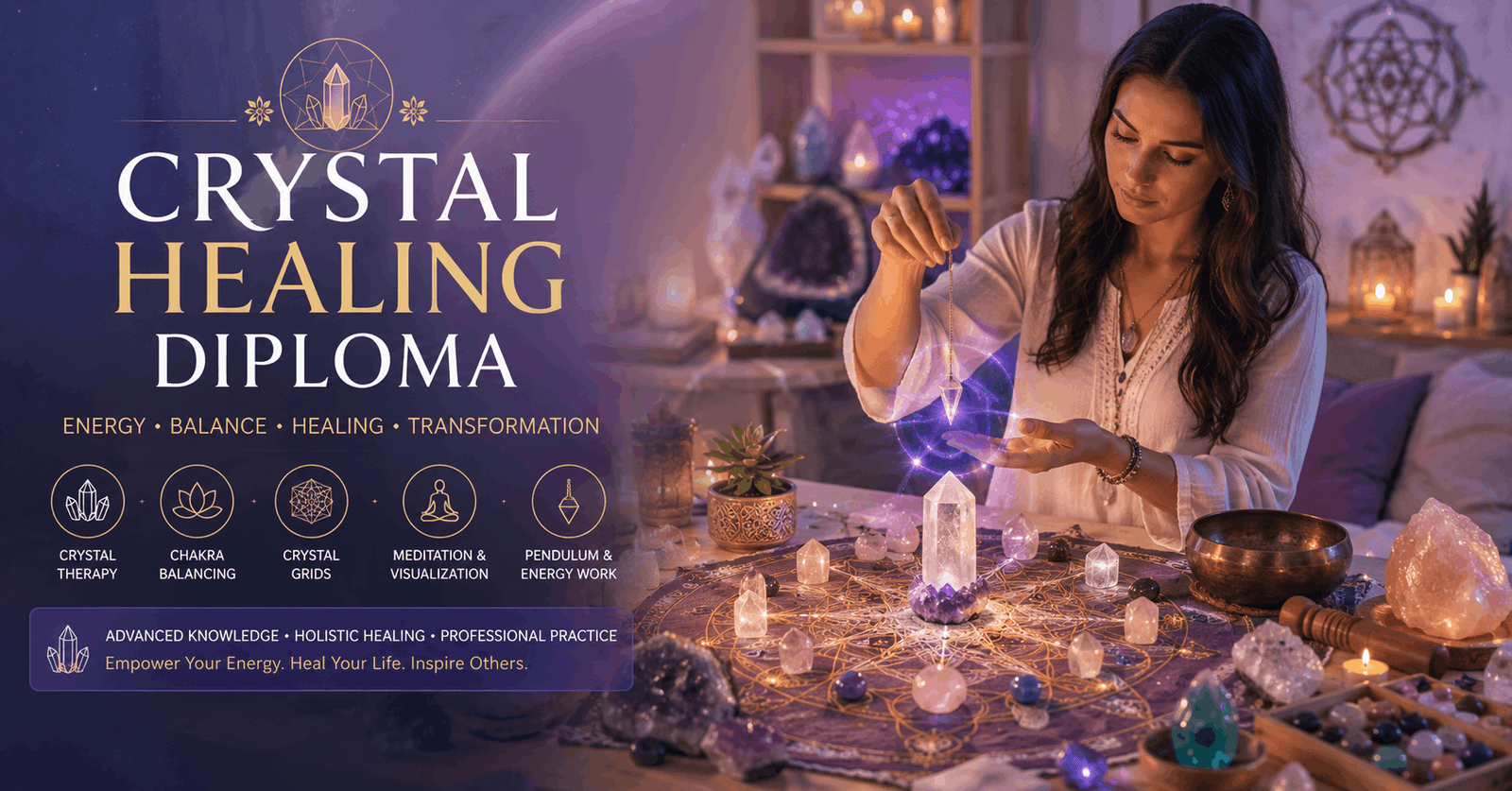 Crystal Healing Diploma student practising energy healing with crystals in a peaceful wellness setting