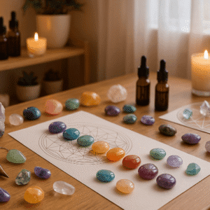 Crystal Healing Diploma Level 7 training with crystals, chakra tools, grids and healing setups in a calming holistic space.