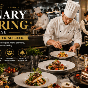 Culinary Catering Course featuring chefs preparing gourmet dishes in a professional commercial kitchen